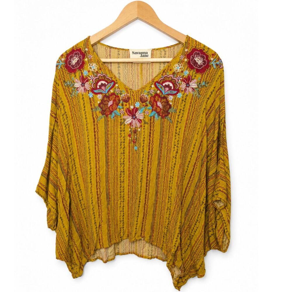 Savanna Jane Mustard Embroidered Boho Tunic Blouse M Floral Festival Top - Picture 2 of 6